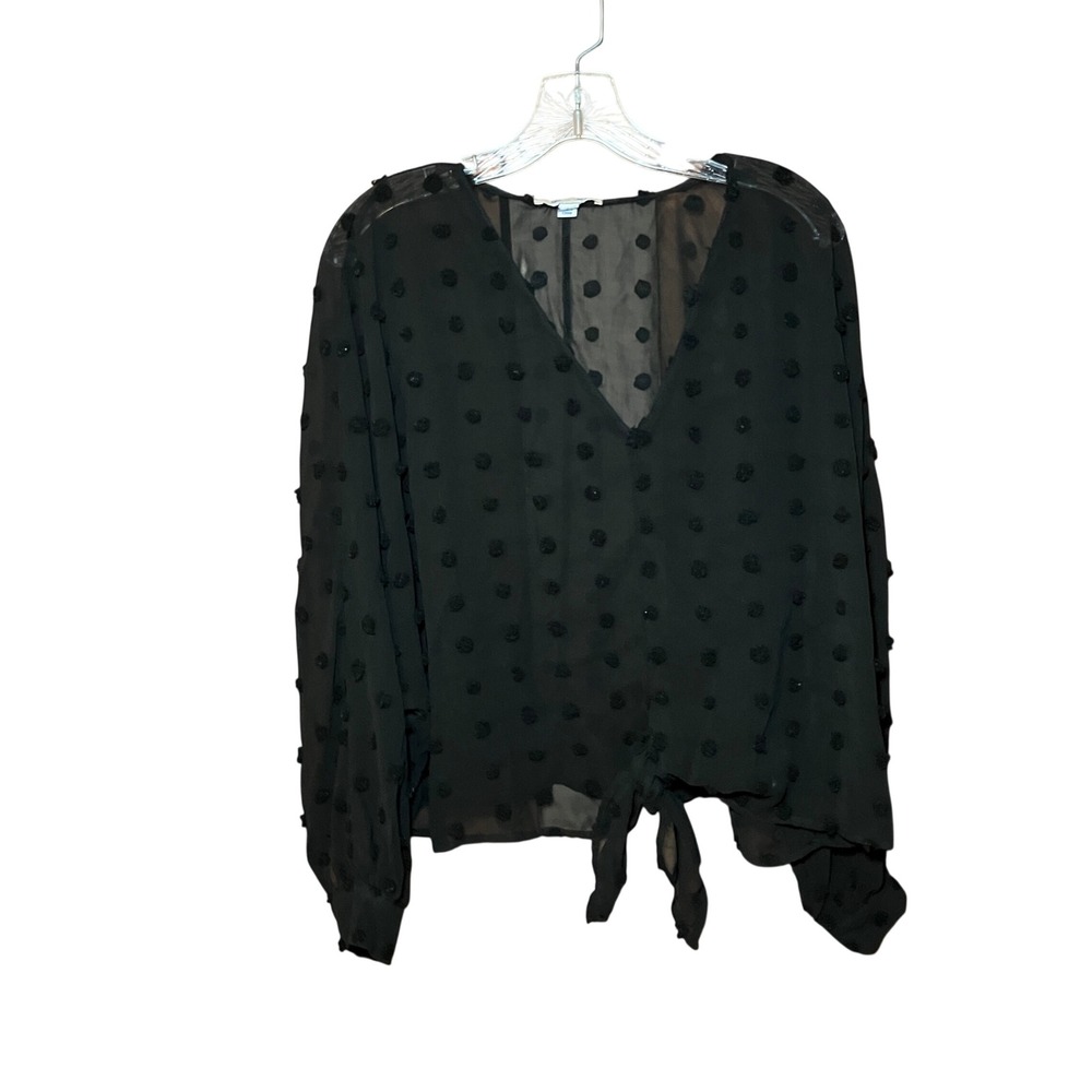 She + Sky Blouse Women Large Black  Swiss Dot Tie Front V-Neck Sheer